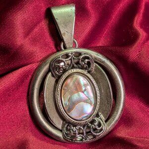 Vintage Silvertone Circular Pendant with filigree + inlaid Abalone shell